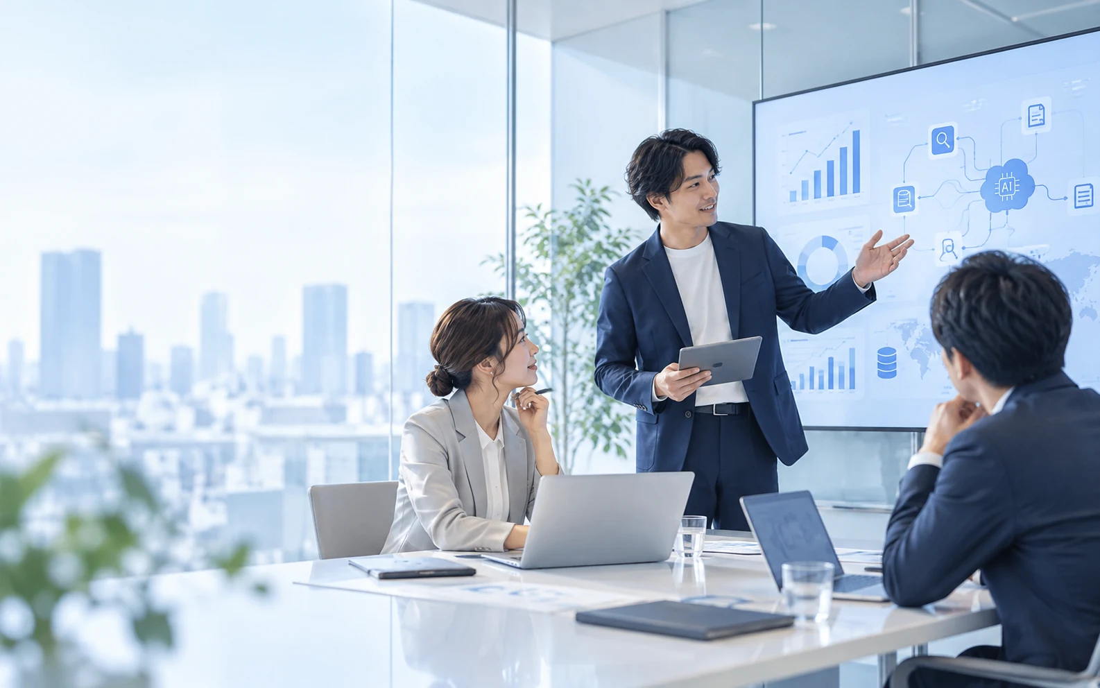 AI検索とデータ分析について話し合うAI生成イメージ。実際の社員や顧客、計測結果ではありません。