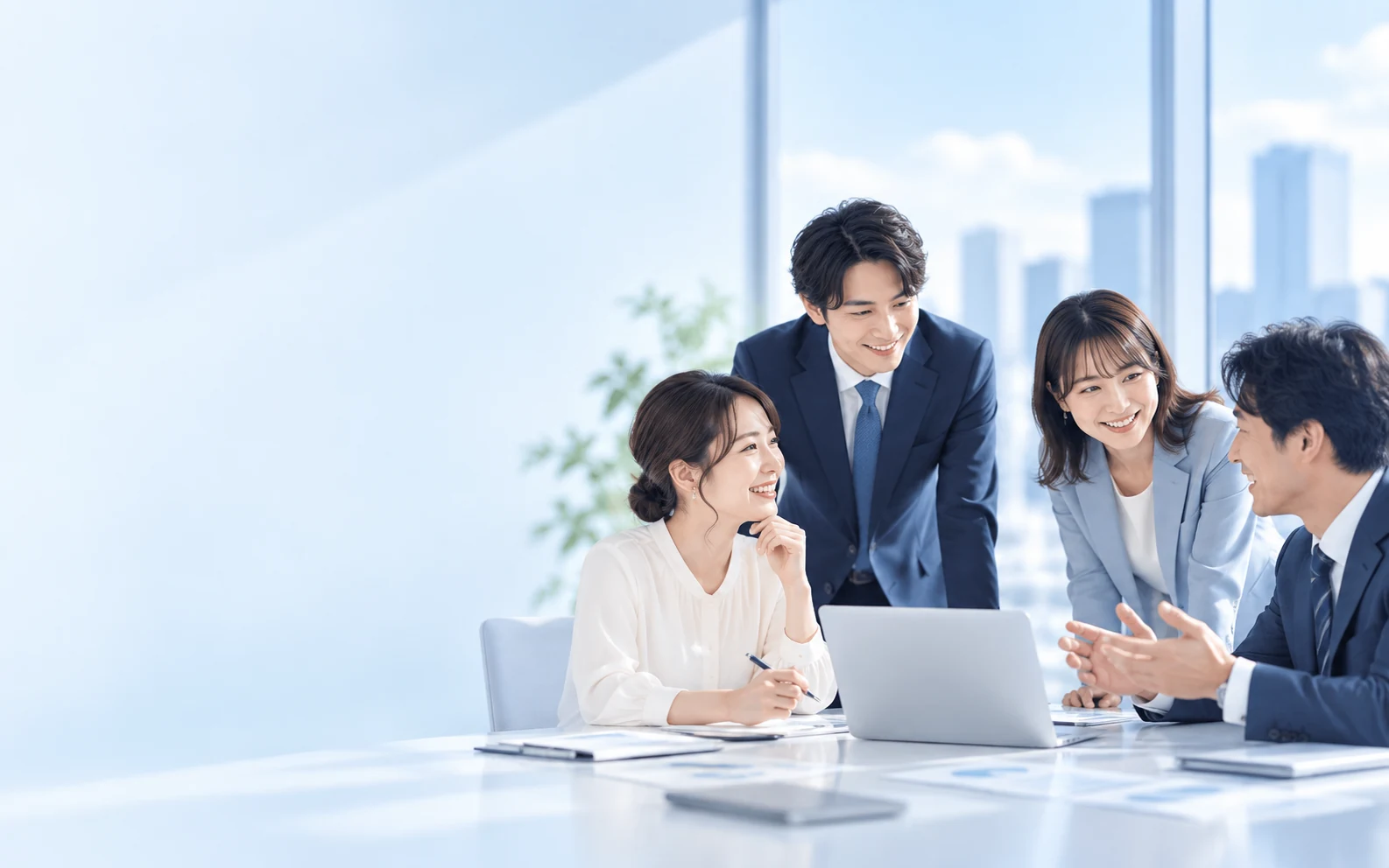 明るいオフィスで話し合うチームのAI生成イメージ。実際の社員ではありません。